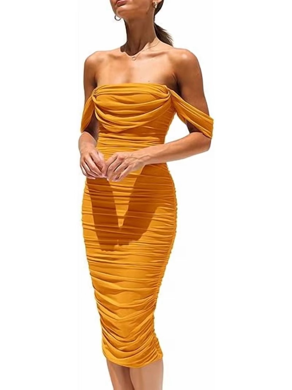 Off-Shoulder Ruched Midi Dress in Mustard Yellow - small